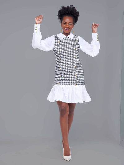 Olakira Kamata Dress - Dark Grey / White Houndstooth Checked Print - Shop Zetu Kenya