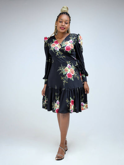 Phyls Collections Naila Faux Wrap Knee Length Dress - Black Floral - Shopzetu