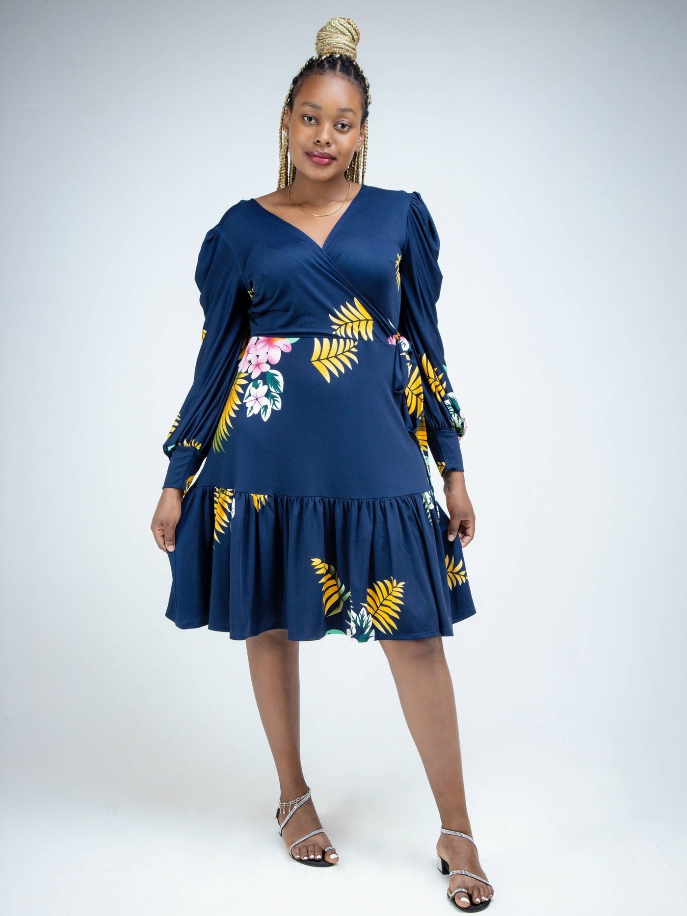 Phyls Collections Naila Faux Wrap Knee Length Dress - Navy Blue Floral - Shopzetu