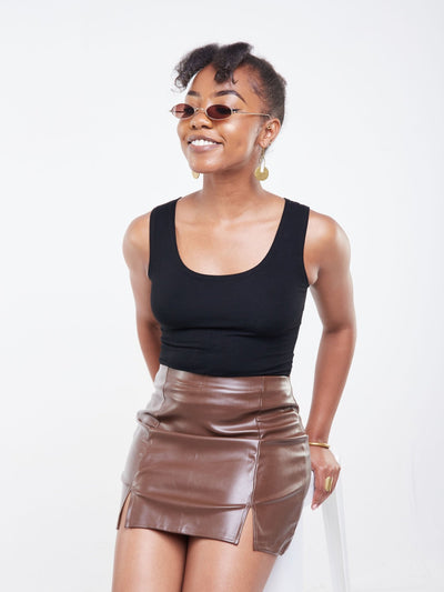 Popular 21 Double slit A-line mini Leather skirt - Chocolate Brown - Shop Zetu Kenya