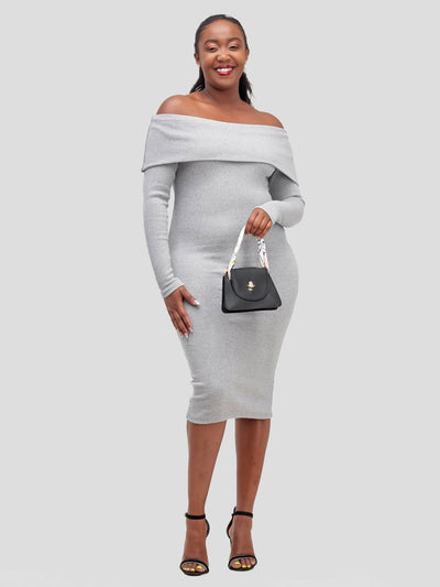 Chic Plug Off - Shoulder Dress - Grey - Shopzetu