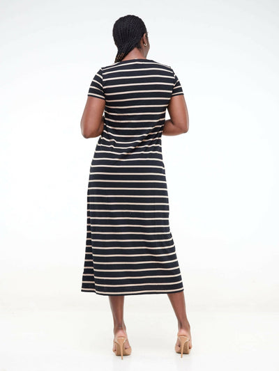 Hessed Sleeved Midi Striped Dress - Brown - Shopzetu
