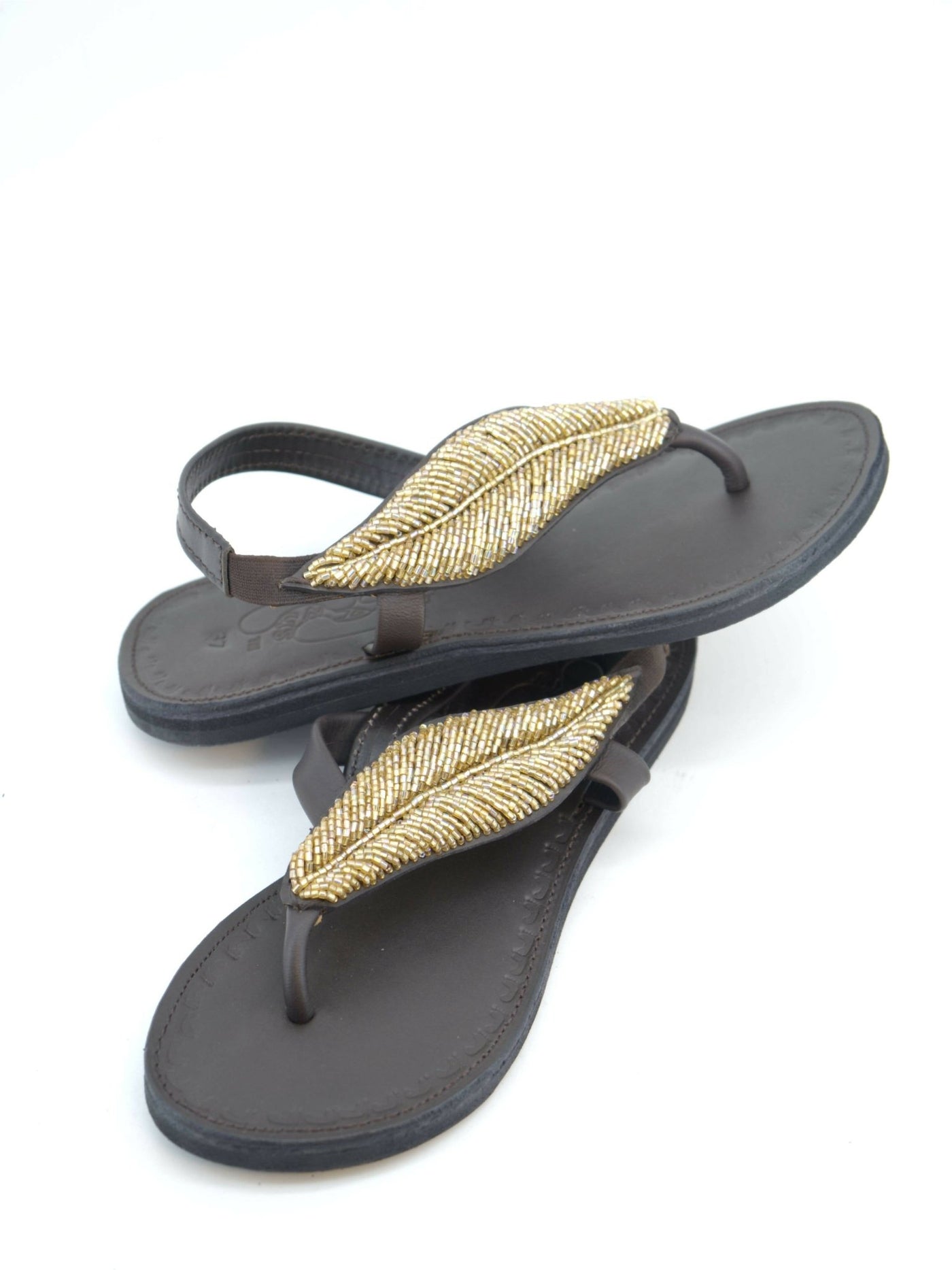 Azu's Casual Leaf Backstrap Sandals - Dark Brown / Gold Beads - Shopzetu