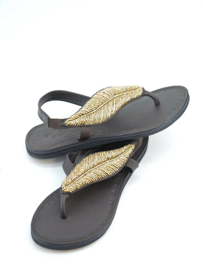 Azu's Casual Leaf Backstrap Sandals - Dark Brown / Gold Beads - Shopzetu