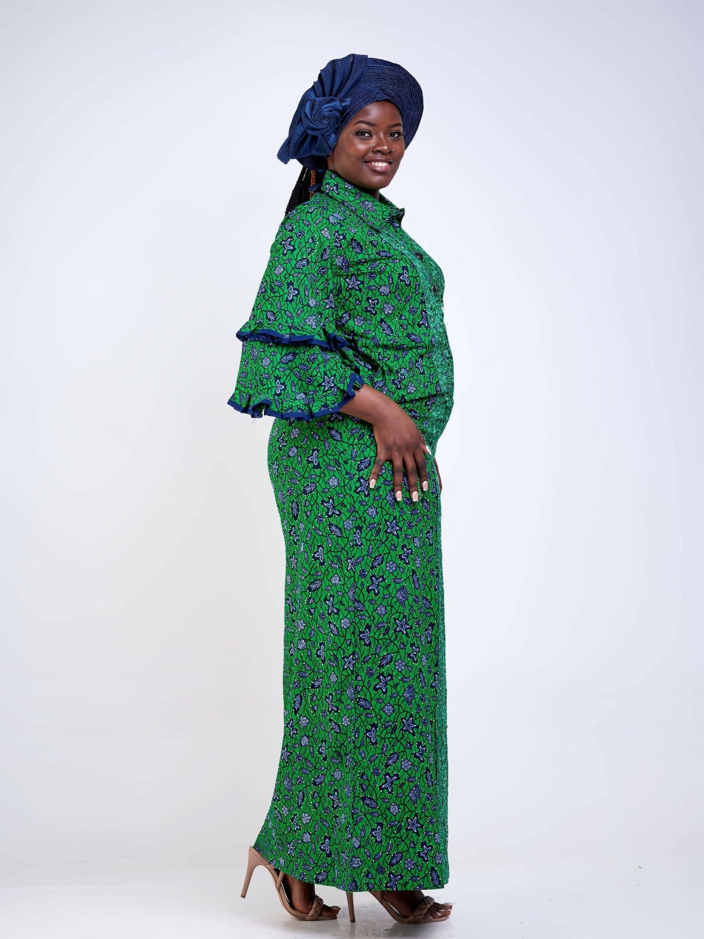 Manita Collections Long Sequined Ankara Dress - Dark Green - Shopzetu