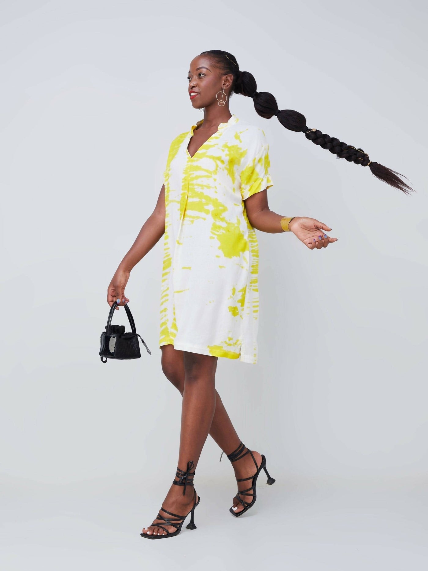 Vazi Afriq Tie & Dye Shirt Dress - Yellow / White - Shopzetu