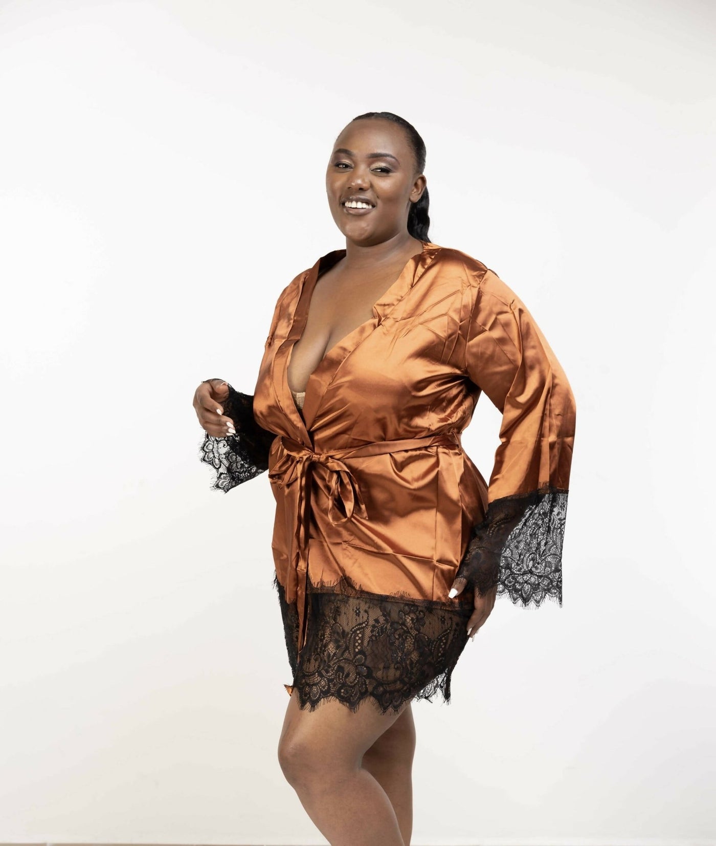 Intimates Kenya Eyelash Lace Nightdress Silk Long Sleeves Sleepwear with G String - Brown - Shopzetu