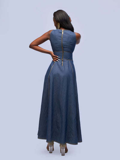 Tuli Amalia Denim Maxi Dress - Navy Blue - Shopzetu
