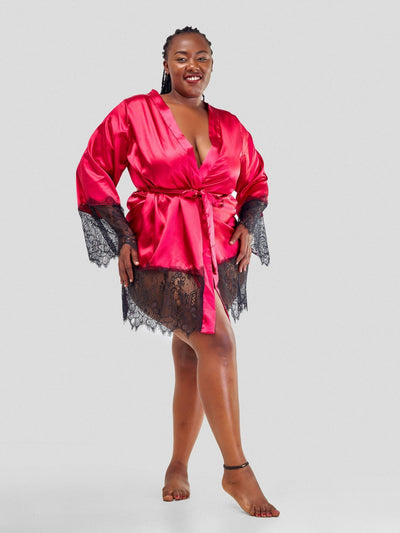 Intimates Kenya Eyelash Lace Nightdress Silk Long Sleeves Sleepwear with G String - Red - Shopzetu