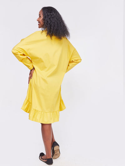 Safari Kaya Long Sleeve Dolman Flounce Shirt Dress - Mustard - Shopzetu