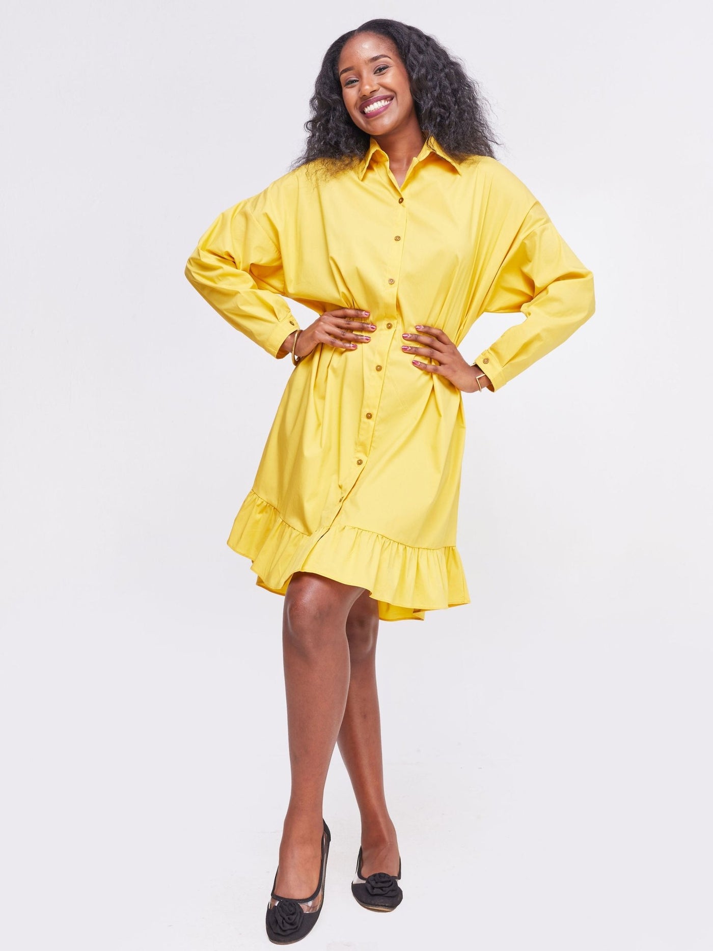 Safari Kaya Long Sleeve Dolman Flounce Shirt Dress - Mustard - Shopzetu