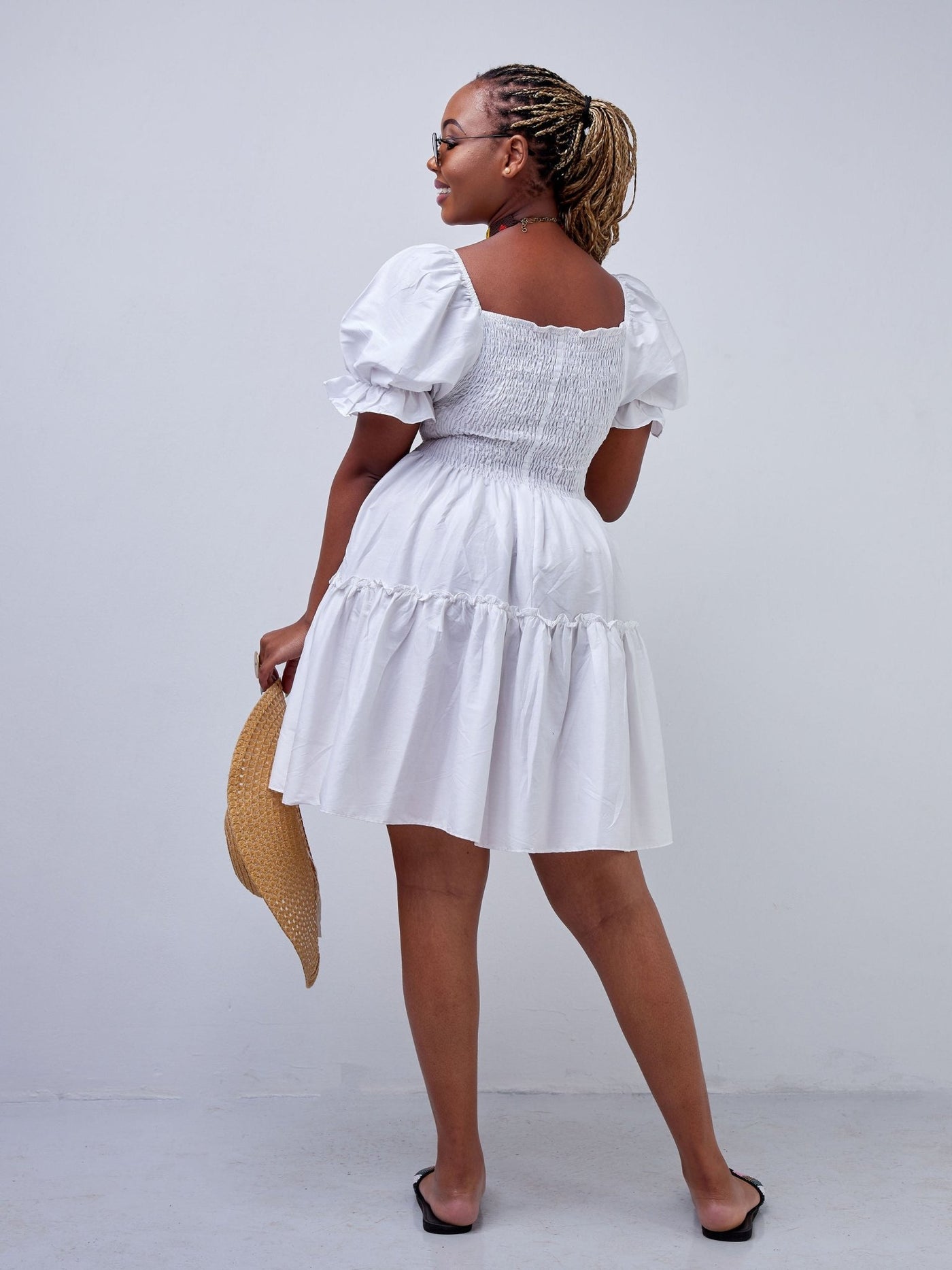 Safari Mara Shirred Bishop Sleeve Dress - White - Shopzetu