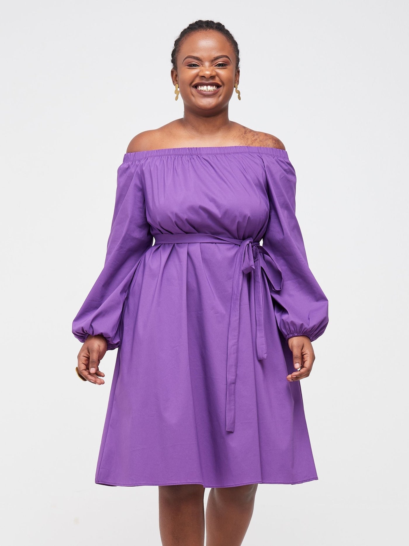 Safari Tawi Off Shoulder Knee Length Dress - Purple - Shopzetu