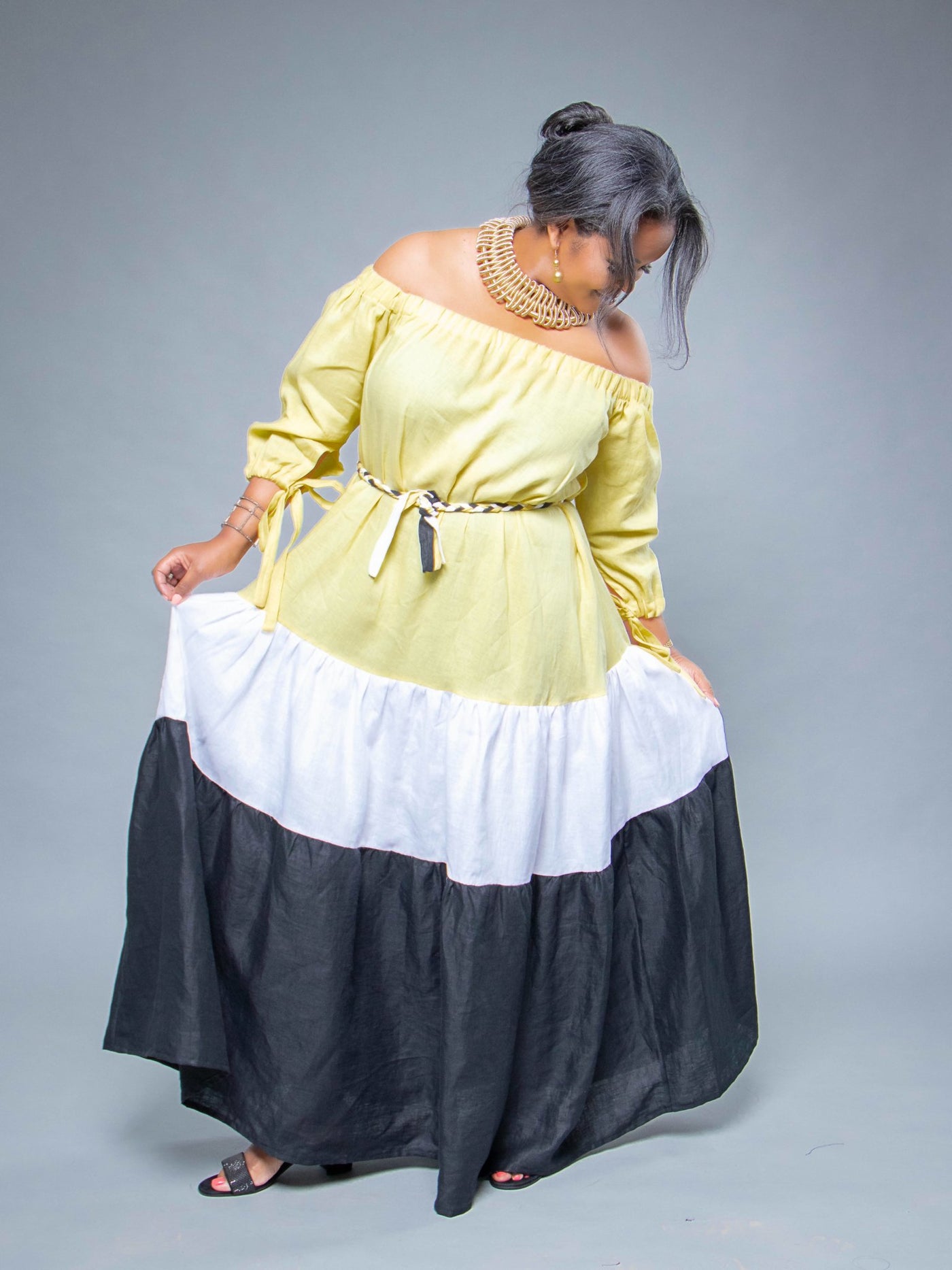 Sally Karago Maxi Colour Block Dress - Yellow / Black / White - Shop Zetu Kenya