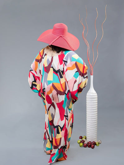 Sally Karago Silk Bubu Dress - Light Blue / Pink Print - Shopzetu
