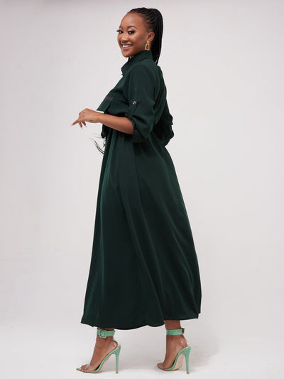 Salok Rave Shirt Dress - Dark Green - Shopzetu