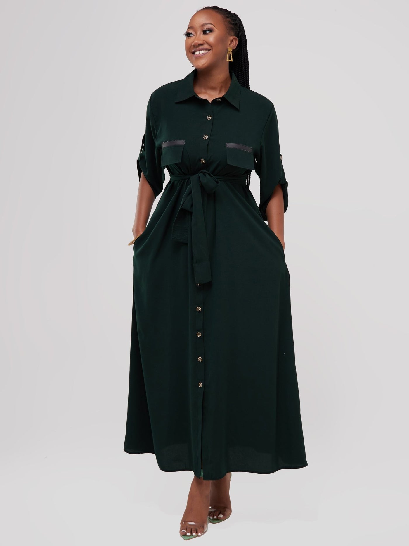 Salok Rave Shirt Dress - Dark Green - Shopzetu