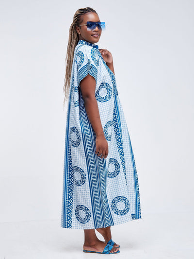 Sayuri Maxi Dress With Tunic Neckline And Waist Elastic - Blue - Shop Zetu Kenya
