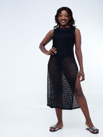Sayuri Maxi Round Neck Crotchet Cover Up Dress - Black - Shop Zetu Kenya