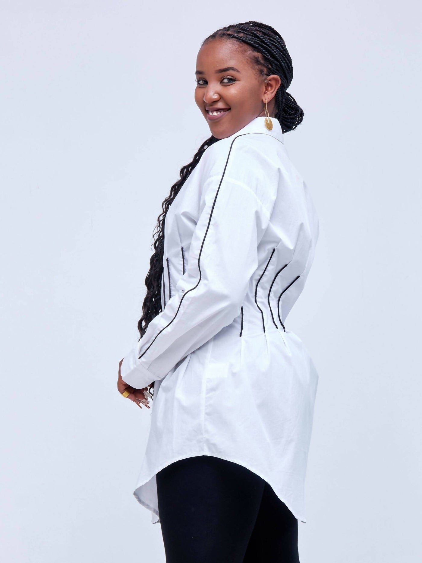 Signature The Brand Contrast Piping Fold Pleated Waist Curved Hem Blouse - White - Shop Zetu Kenya