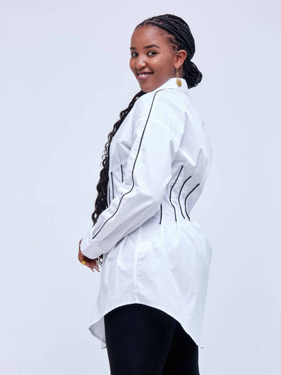 Signature The Brand Contrast Piping Fold Pleated Waist Curved Hem Blouse - White - Shop Zetu Kenya