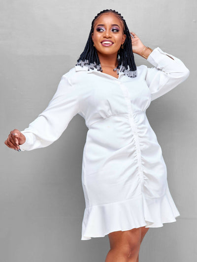 Signature The Brand Plus Ruched Ruffle Hem Shirt Dress - White - Shop Zetu Kenya