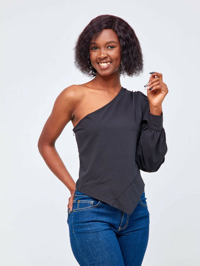 Signature The Brand Solid One Shoulder Asymmetrical Hem Top - Black - Shop Zetu Kenya