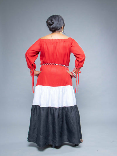 Sally Karago Linen Offshoulder Maxi Dress - Red - Shopzetu