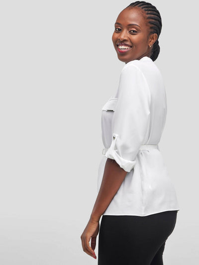 The Fashion Frenzy Belted Mock Pocket Long Sleeve Blouse - White - Shopzetu
