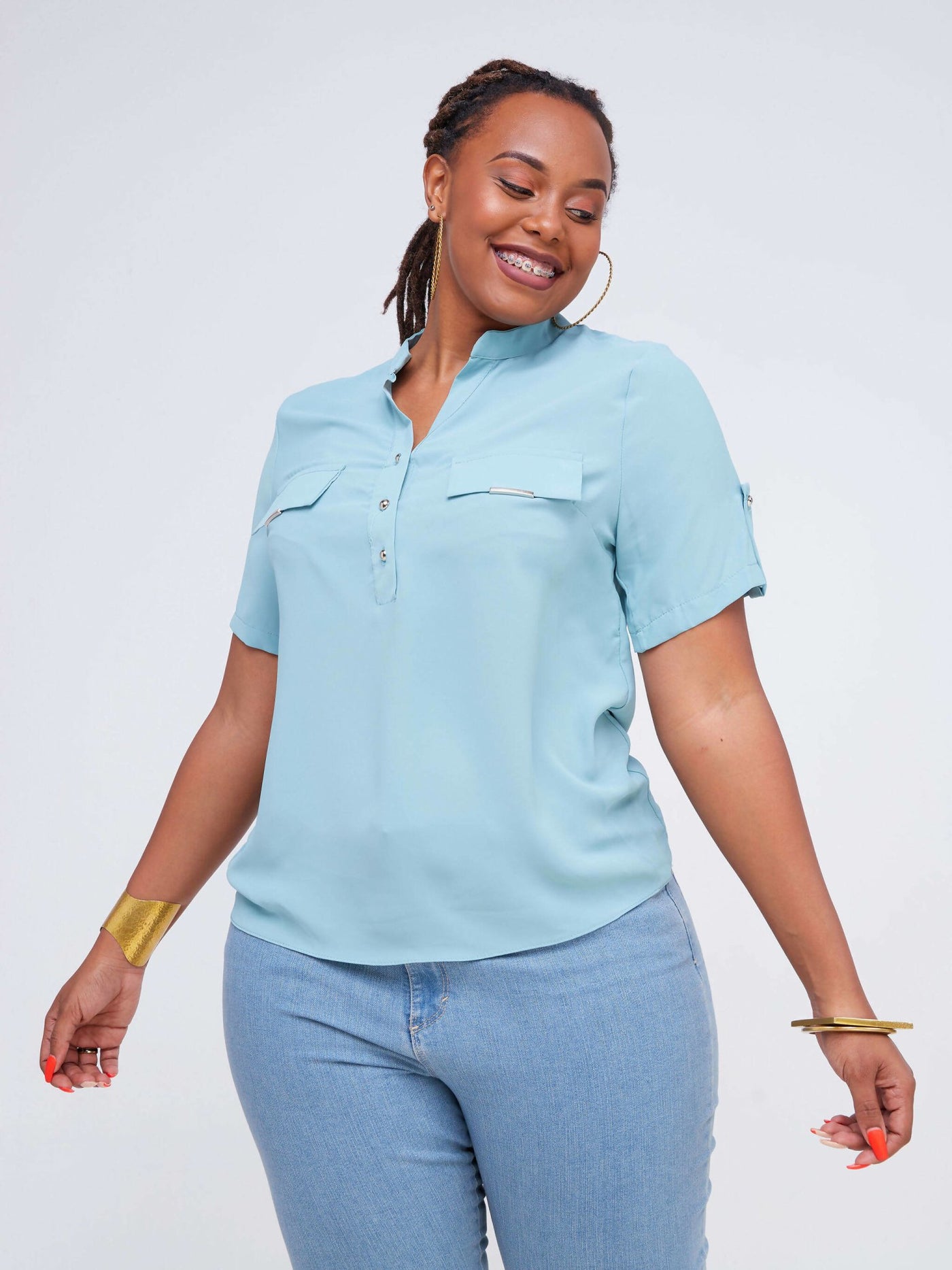 The Fashion Frenzy Teal Buttoned Blouse - Blue - Shop Zetu Kenya