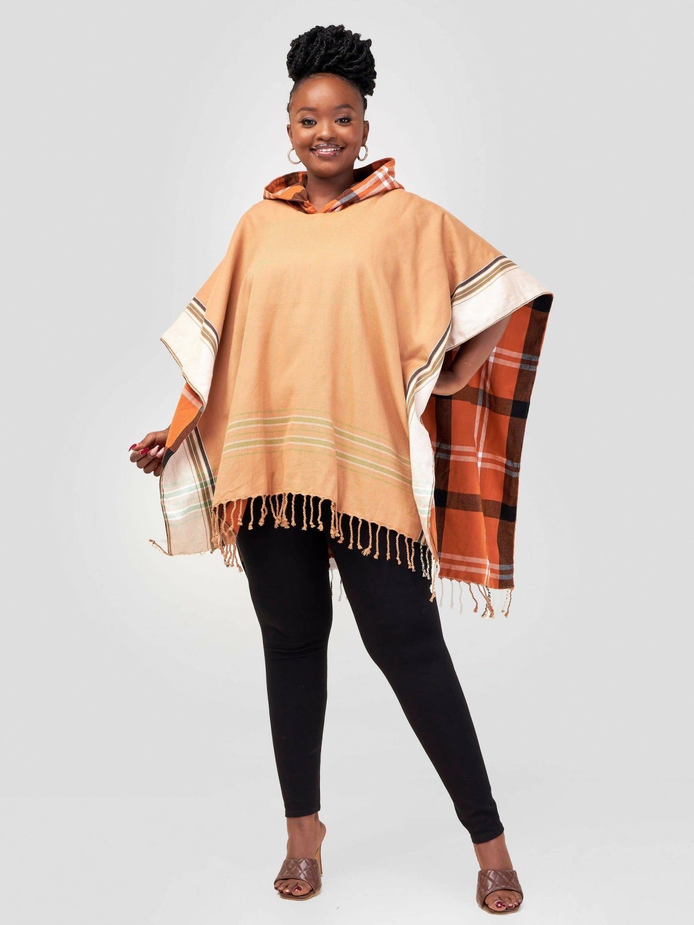 Design Three Sixty Five Hooded Double Sided Poncho - Brown - Shopzetu