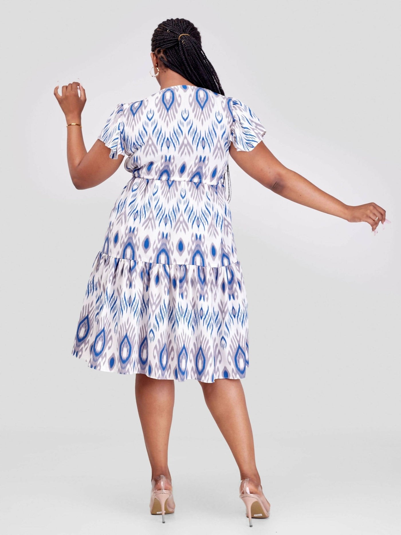 Phyls Collections Miami Knee Length Dress - White / Sky Blue Print - Shopzetu