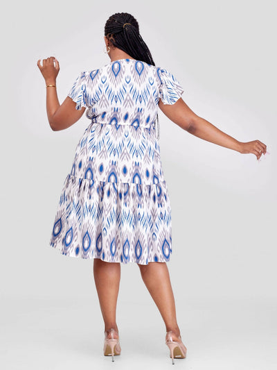 Phyls Collections Miami Knee Length Dress - White / Sky Blue Print - Shopzetu