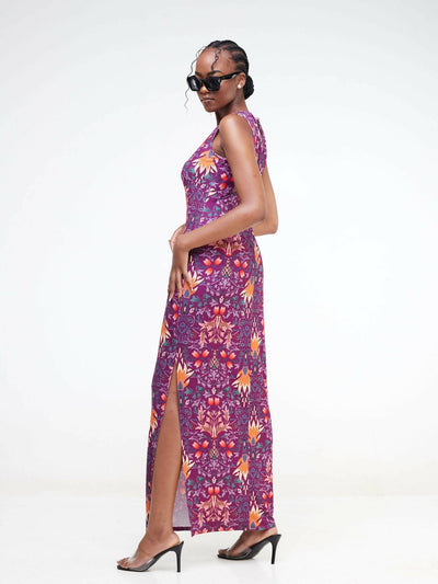 Jaidden Trendy Floral Maxi With a Slit - Purple Print - Shopzetu