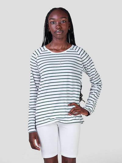 Inken Stripe Long Sleeve Hi-Lo Raglan T-shirt - Green Stripes - Shopzetu
