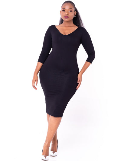 Vivo Basic 3/4 Sleeve Double Layered Bodycon Dress - Black - Shop Zetu Kenya