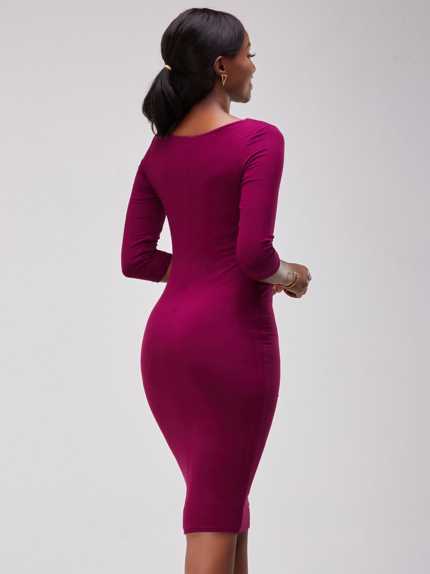 Vivo Basic 3/4 Sleeve Double Layered Bodycon Dress - Burgundy - Shopzetu