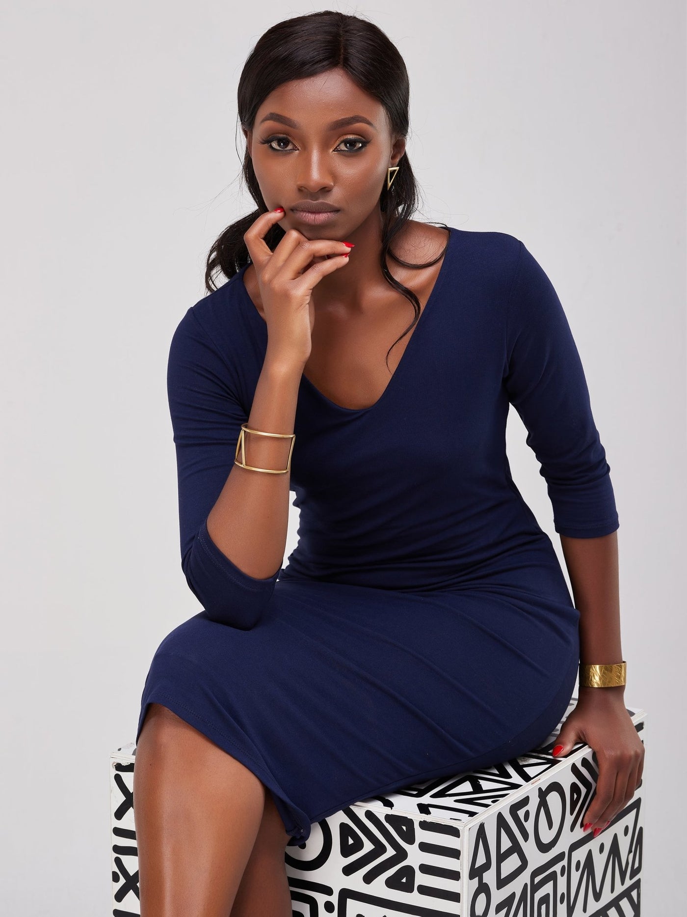 Vivo Basic 3/4 Sleeve Double Layered Bodycon Dress - Navy Blue - Shop Zetu Kenya