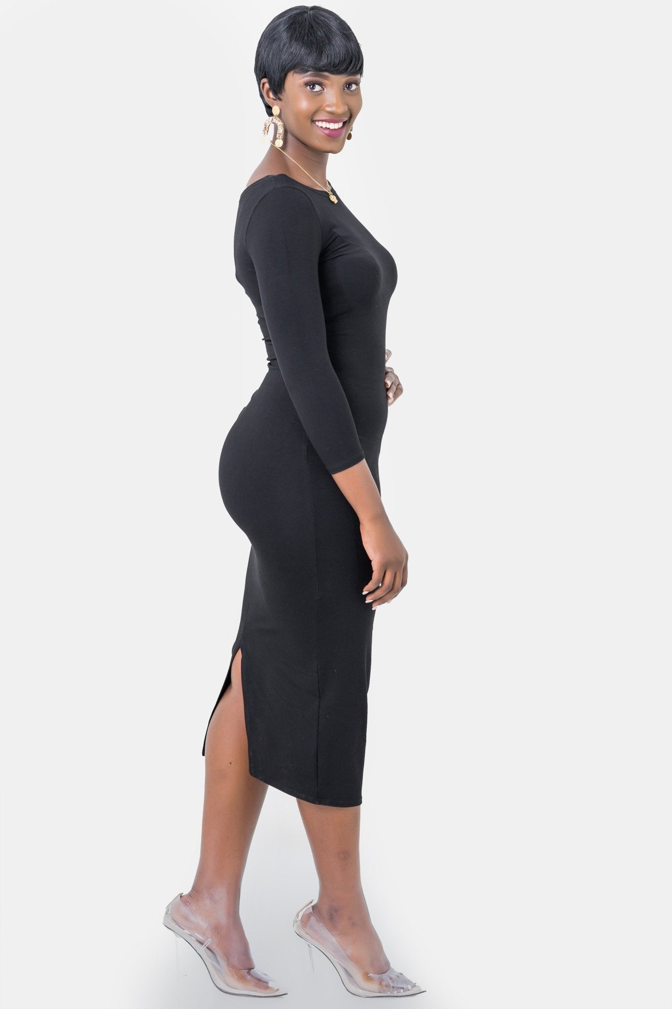 Vivo Basic 3/4 Sleeve Kim Bodycon Dress - Black - Shop Zetu Kenya