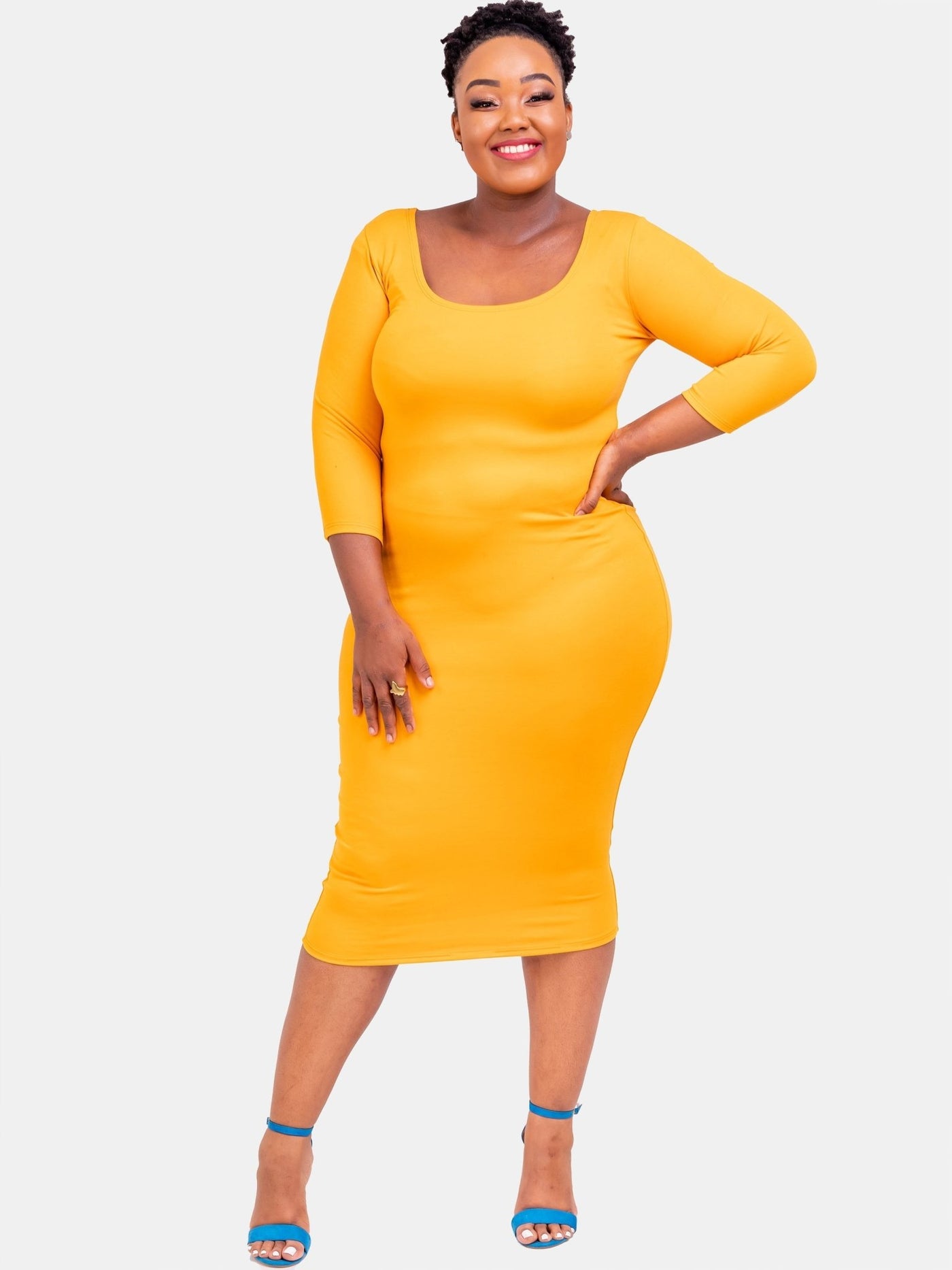 Vivo Basic 3/4 Sleeve Leila Bodycon Dress - Mustard - Shop Zetu Kenya