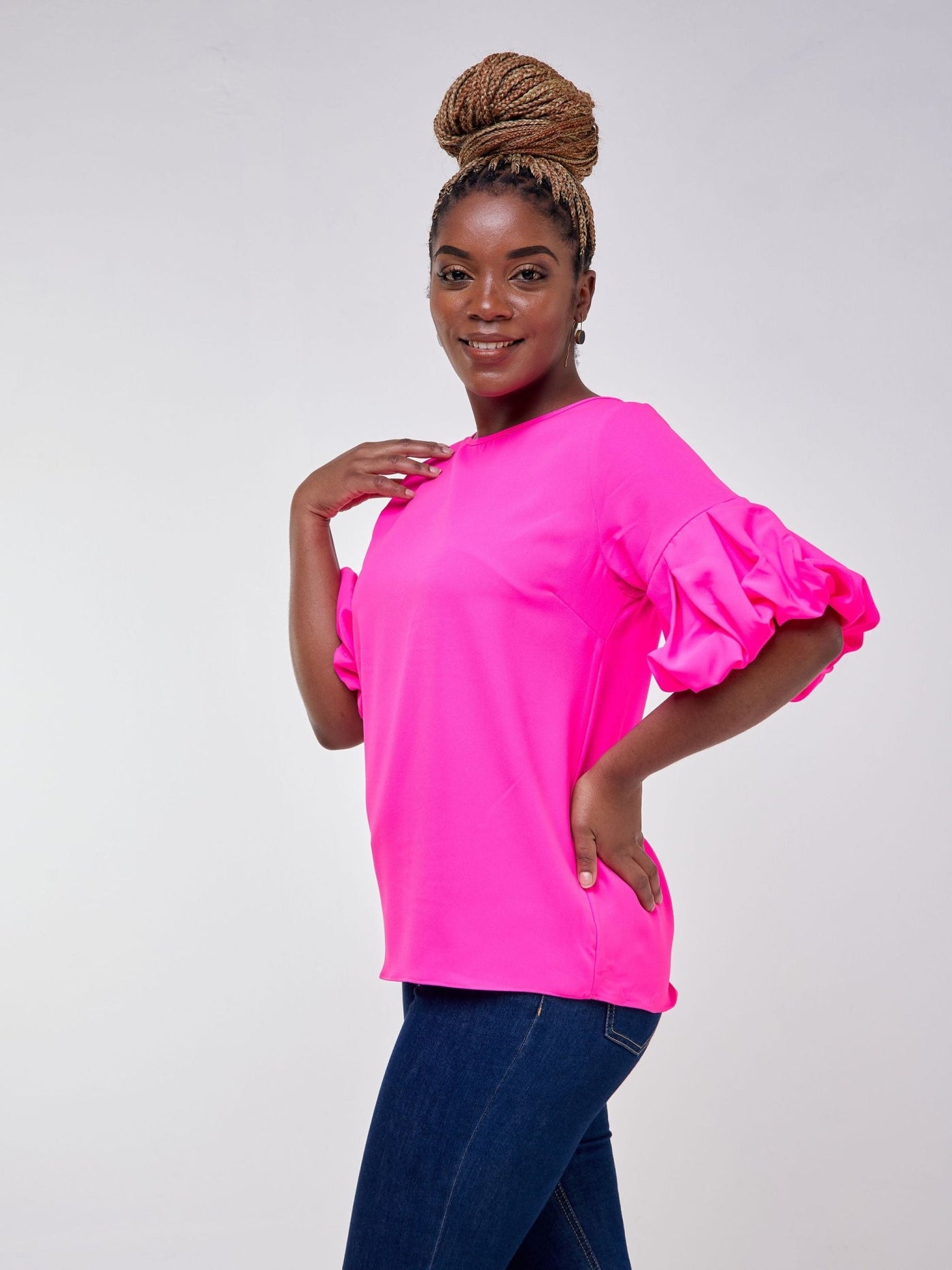 Vivo Basic Boundneck Puff Sleeve Top - Neon Pink - Shop Zetu Kenya
