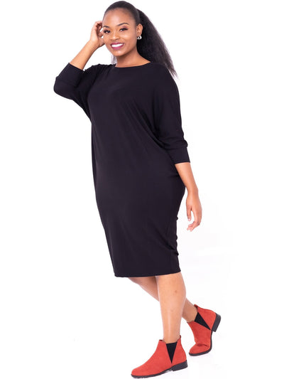 Vivo Basic Cuffed Dolman Jersey Dress - Black - Shopzetu