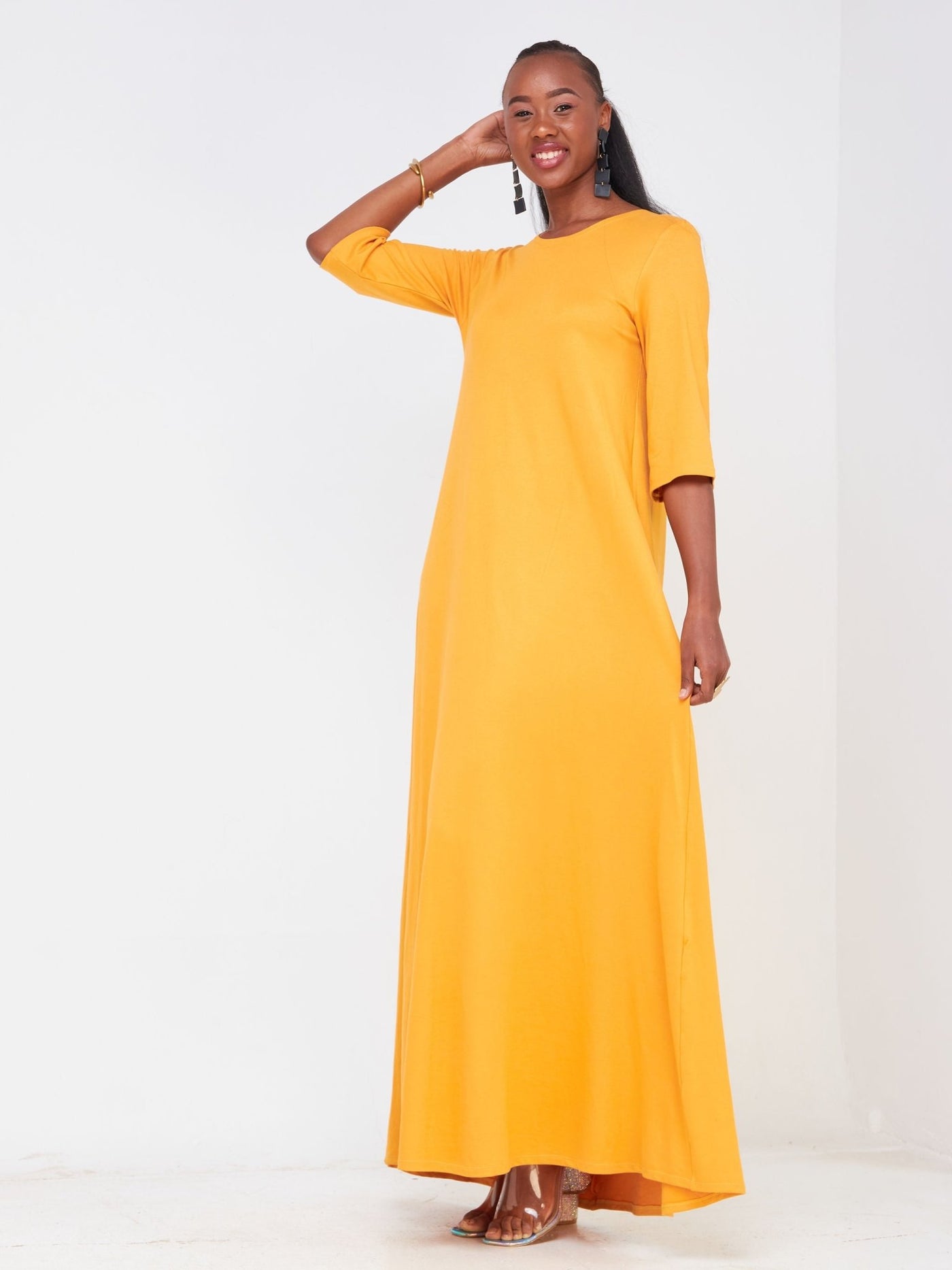 Vivo Basic Julia 3/4 Sleeve Back Pleat Maxi Dress - Mustard - Shop Zetu Kenya