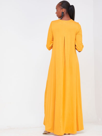Vivo Basic Julia 3/4 Sleeve Back Pleat Maxi Dress - Mustard - Shopzetu