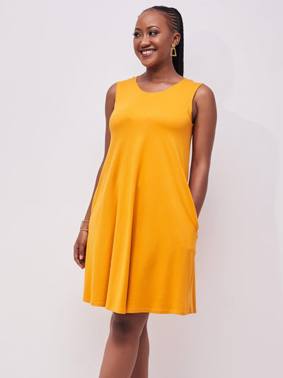 Vivo Basic Julia Back Pleat Knee Length Dress - Mustard - Shop Zetu Kenya