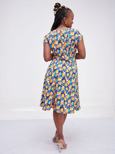 Vivo Hema Cap Sleeve A-Line Dress - Navy Blue / Mustard Print - Shop Zetu Kenya