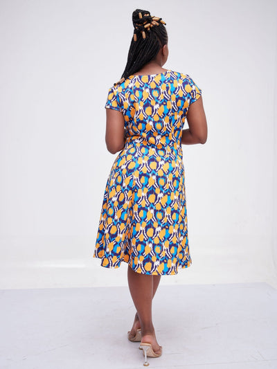 Vivo Hema Cap Sleeve A-Line Dress - Navy Blue / Mustard Print - Shop Zetu Kenya