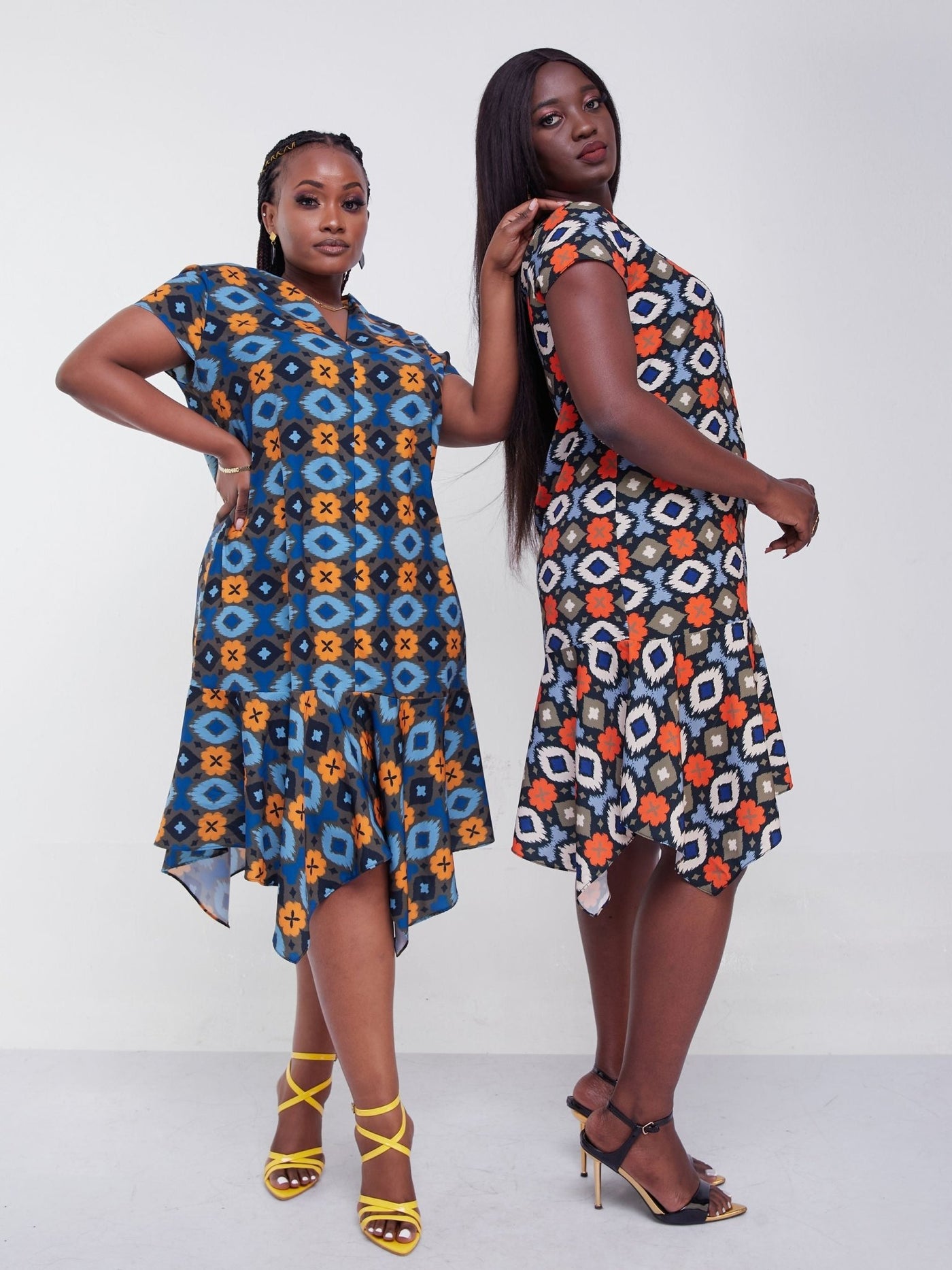 Vivo Jasiri Cap Sleeve Handkerchief Drape Knee Length Dress - Mustard / Brown Print - Shop Zetu Kenya