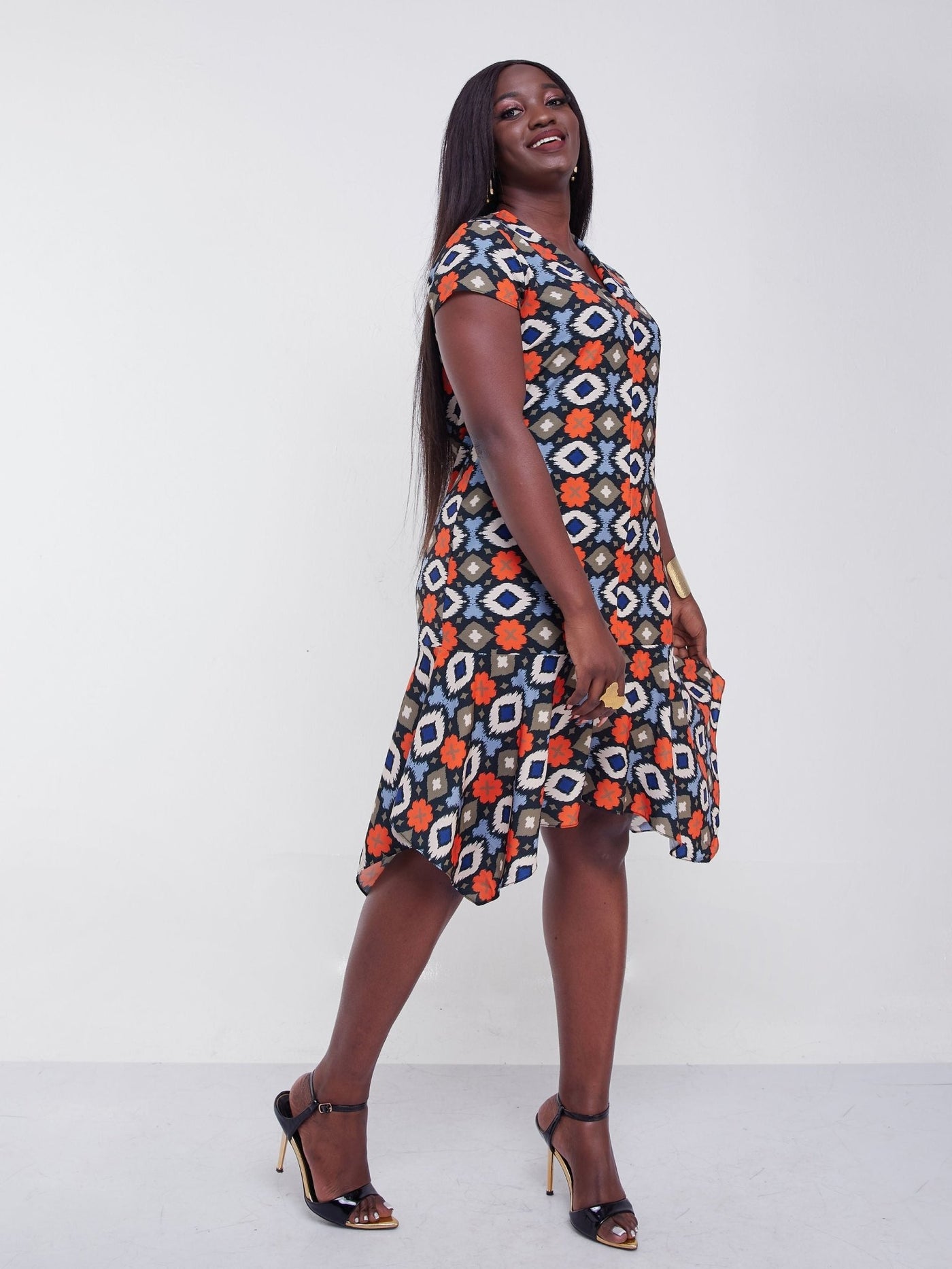 Vivo Jasiri Cap Sleeve Handkerchief Drape Knee Length Dress - Orange / Brown Print - Shopzetu