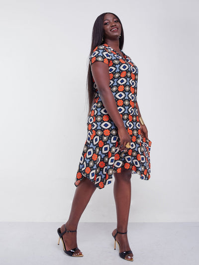 Vivo Jasiri Cap Sleeve Handkerchief Drape Knee Length Dress - Orange / Brown Print - Shop Zetu Kenya